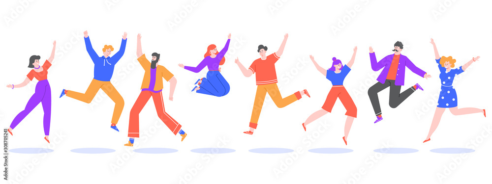 Young people jump. Jumping students, excited, smiling group of happy teenagers, joyful young people jumped together isolated vector illustration. Successful male and female winners cartoon characters Young people jump. Jumping students, excited, smiling group of happy teenagers, joyful young people jumped together isolated vector illustration. Successful male and female winners cartoon characters