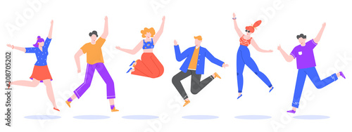 Happy jumping young people. Excited student characters, happy teenagers and joyful people jumped together, happy jumping team isolated vector illustration. Faceless dancing human pack in flat style