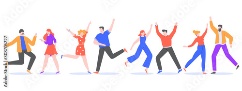 Happy dancing people. Exciting modern characters dancing together, cheerful female and male dancers. Joyful friends at music party isolated vector illustration. Celebration. Faceless humans set