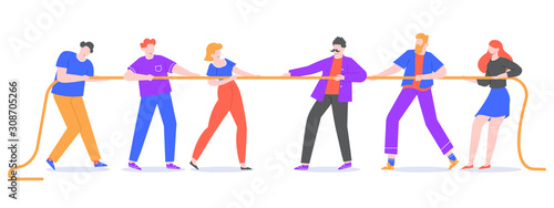 Tug of war. Young people pull the rope, opposite teams at rope pulling competition. Corporate competitions and active tug game vector isolated illustration. Competitors struggling, employees conflict