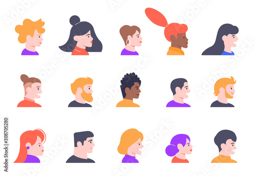 Profile people portraits. Face male and female profiles avatars, young people characters heads profile view isolated vector illustration icons set. Multicultural women and men faces side view