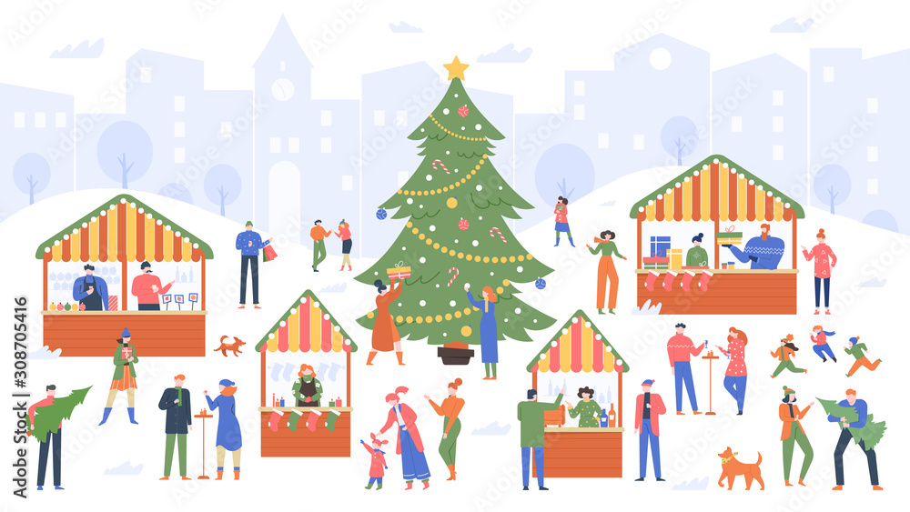 Christmas market. Holiday fair, cartoon people walking on decorated outdoor stalls and buying wine, food and Christmas souvenirs vector colorful illustration. New year tree decoration, present boxes