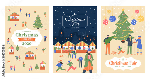 Holiday market flyer. Christmas fair posters, december market holiday invitation, shopping street Christmas decorated outdoor stalls vector illustration poster set. Xmas festival booklet