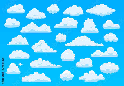 Cartoon sky clouds. Fluffy white clouds in blue sky, bright cloudscape weather atmospheric panorama. Cute clouds of different shape vector cartoon illustration set. Collection of cumulus