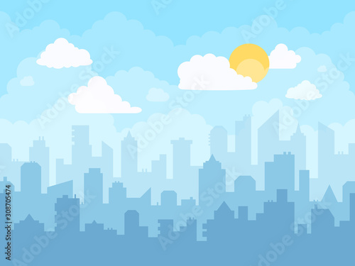 Cartoon blue sky cityscape. Cloudy sky, city skyline landscape, midday graphic urban silhouette cityscape illustration and town building layers bright vector background. Urban panoramic view