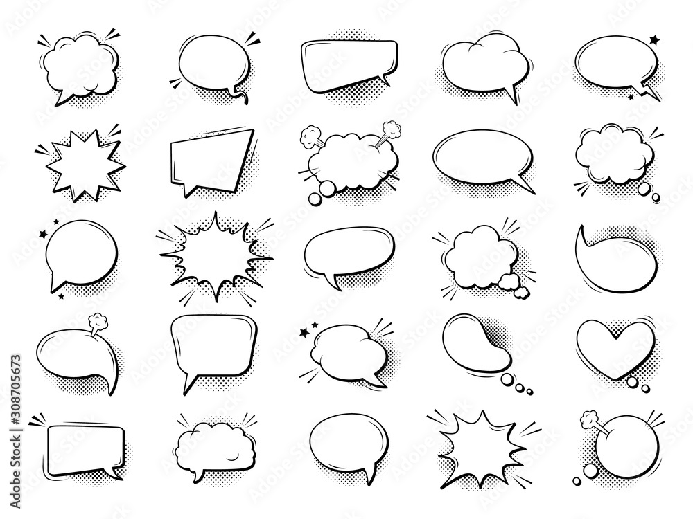Cartoon talk bubble in comic style. Comic book graphic art speech clouds,  thinking bubbles and conversation text elements vector illustration set.  Empty speech and thought bubbles in different shapes Stock Vector |