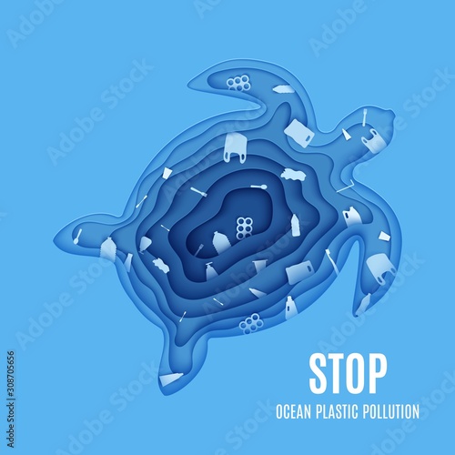 Silhouette of a turtle cut out of paper and stop ocean pollution banner. Craft underwater ocean deep cave with plastic rubbish. Papercut trash agitational environment poster. Vector World Ocean Day.