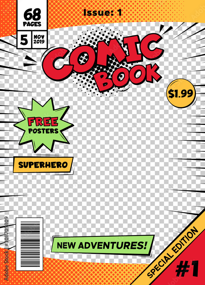 Comic book cover page template. Cartoon pop art comic book title poster