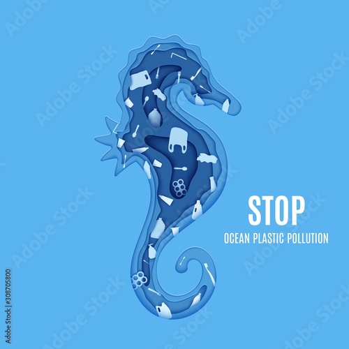 Silhouette of a seahorse cut out of paper and stop ocean pollution banner. Craft sea horse layers with plastic rubbish. Papercut trash agitational environment poster. Vector World Ocean Day.