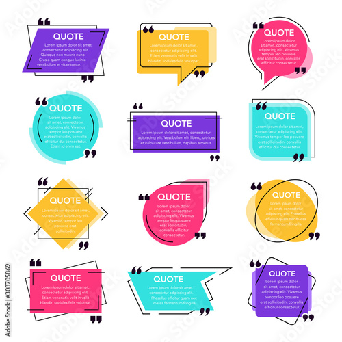Texting quotes frames. Text box template, quote modern citation speech bubble and social network quotes dialogue boxes. Remark text frames template vector isolated icons set. Quotations backgrounds