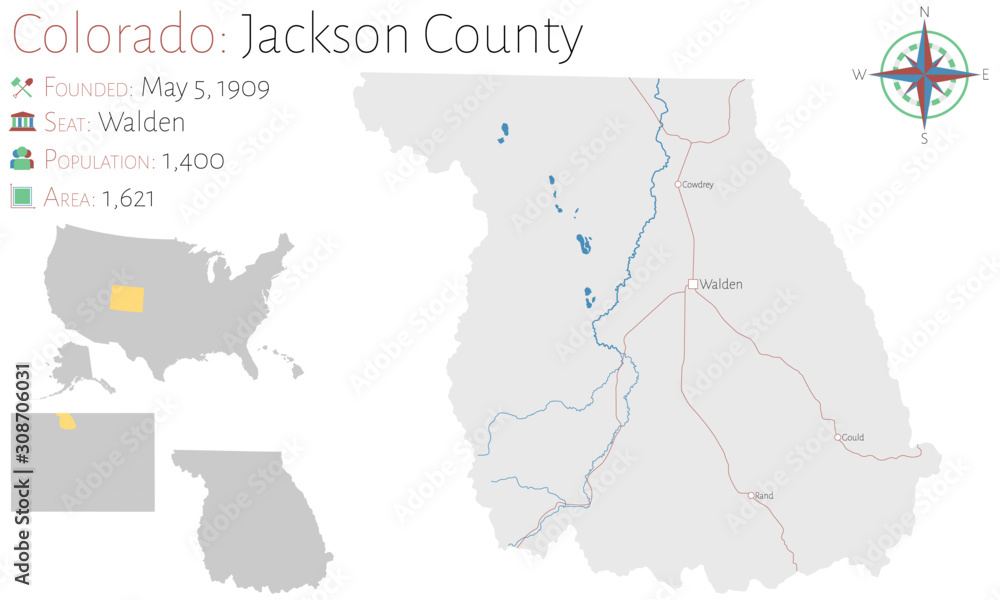 Large and detailed map of Jackson county in Colorado, USA.