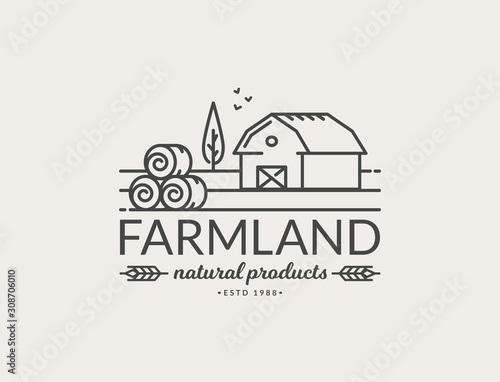 Farm vector logo with farmhouse and hay bales.