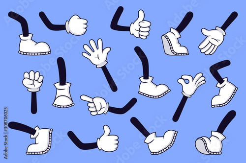 Cartoon legs and hands. Comic character gloved arm and feet in boots, retro doodle arms with different gestures, running and walking legs vector isolated illustration set. High five, footsteps