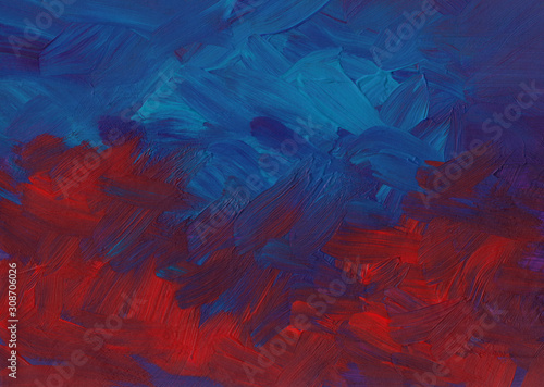 Abstract background painting. Deep red, blue and purple brush strokes on paper. Contemporary oil art. © Kseniya