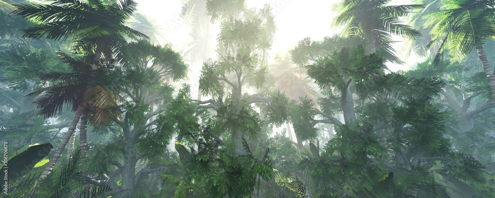 palm jungle in the morning in fog, forest in haze. 3d rendering.