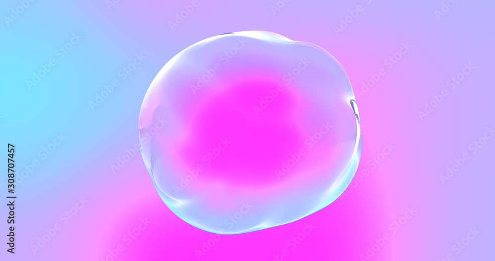 Soap bubble with transparent surface on iridescent color gradient background. Abstract chromatic distorted shape sphere or water drop bubble