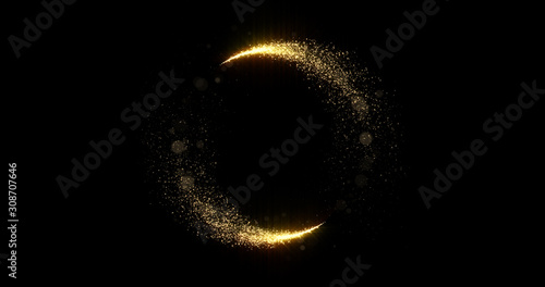 Gold glitter circle trails, glittering light shine sparkles ring on black background. Christmas and New Year holiday magic glow confetti and firework glittering sparks frame