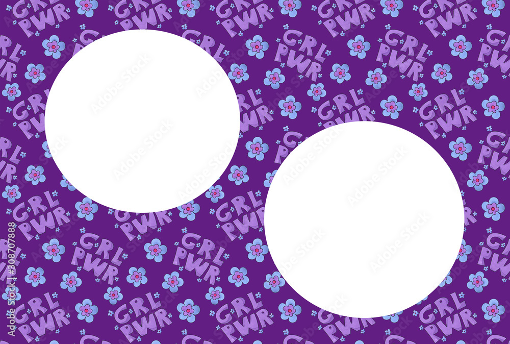 Purple frame for congratulation. Girl power with flowers in the card Purple frame for congratulation. Girl power with flowers in the card
