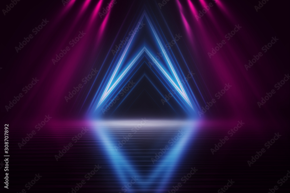 Empty dark abstract background. Background of empty show scene. Glow of neon lights on an empty concert venue. Reflection of light on the pavement. Empty dark abstract background. Background of empty show scene. Glow of neon lights on an empty concert venue. Reflection of light on the pavement.