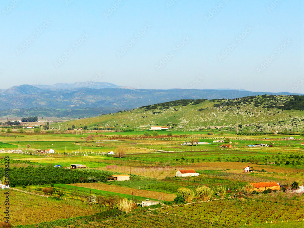 Panoramic view of Selcuk country side landscape from the slopes of Ayasuluk Hill just below the fortress near the center of Selcuk, Izmir Province, Turkey.