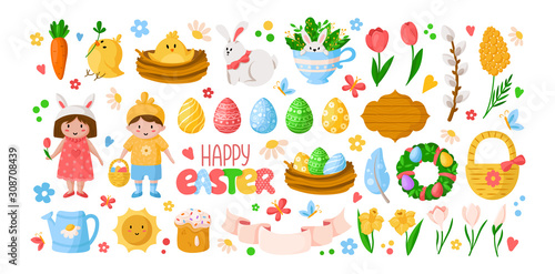 Cartoon Easter Day, kids boy girl in costumes, easter eggs, spring flowers, rabbit, chiken, willow branch, floral wreath, lettering, cake, isolated on white for cards, print, your designs - vector