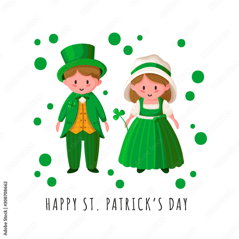 Saint Patricks Day cartoon couple - boy and girl in green retro costumes,  cute kawaii irish people or holiday characters for greeting card, print,  poster template - vector illustration Stock Vector | Adobe Stock
