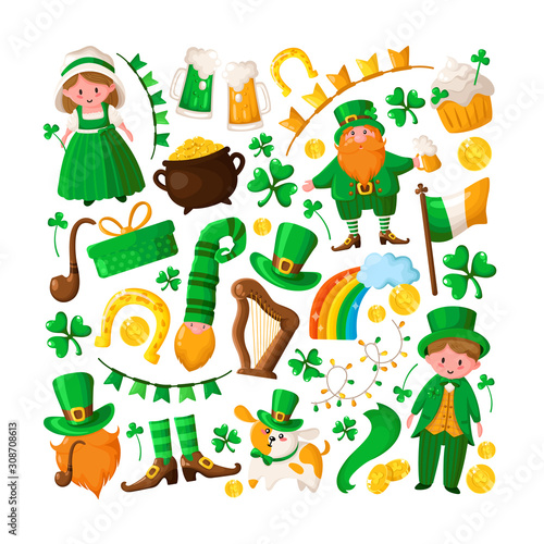 Saint Patricks Day cute boy and girl in green retro costumes, cartoon shamrock, leprechaun, pot of gold coins, smoking pipe, bowler hat, beer, gift, horseshoe, irish flag, vector set isolated on white