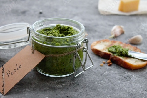 Homemade Pesto. Italian food. Pesto with basil and parmesan. Place for text