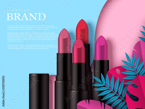 Lipstick makeup ad, cosmetics beauty product. Decorated tropical leaves. Flat lay in pastel colors. Vector template for advertisement.