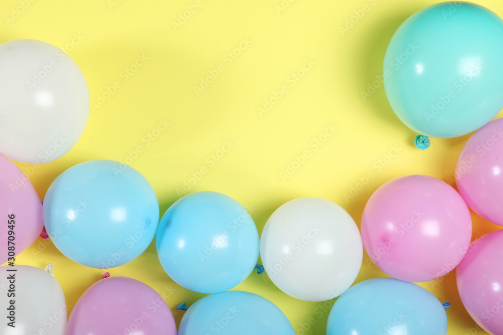 balloons in color top view. Festive background with place for text. balloons in color top view. Festive background with place for text.