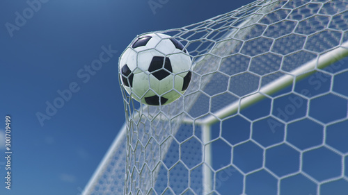 3D illustration Soccer ball flew into the goal. Soccer ball bends the net  against the background of blue sky. Soccer ball in goal net on beautiful sky background. Moment of delight