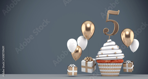 Number 5 gold birthday cupcake with balloons and gifts. 3D Render