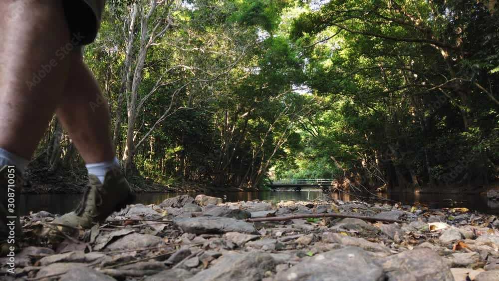 long shot of man enjoying the view of a creek looking downstream long shot of man enjoying the view of a creek looking downstream