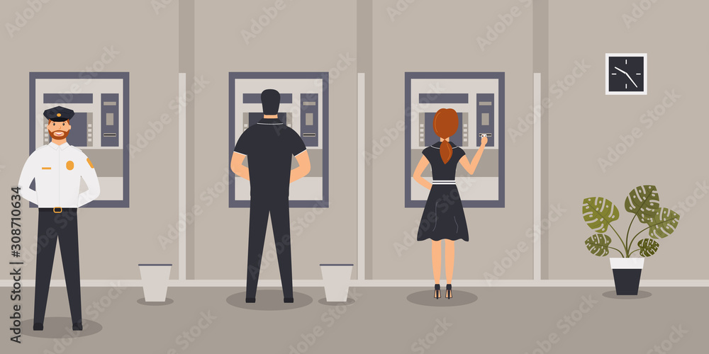 Bank office interior: Bank customers stand near ATM or cash machine.Elegant interior financial institution. Hall with clients and security guard. Cute clock on wall. Vector illustration