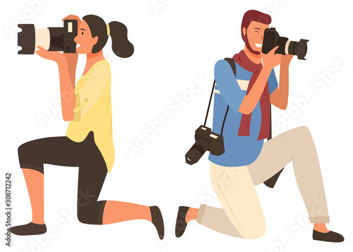 Man and woman shooting, people focusing on object. Photographers characters in casual clothes with cameras, male and female photographing, hobby vector