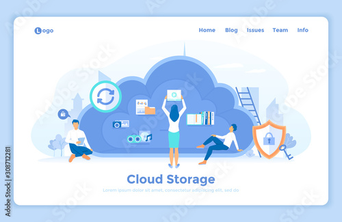 Cloud Storage. Online cloud computing, network hosting, services. People place their data, music, photo, video in big cloud server. landing web page design template decorated with people characters.