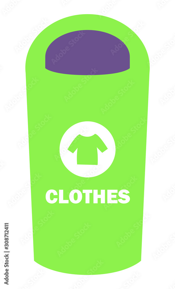 Clothes container to throw waste vector, flat style dustbin with sign of sorting disposal. Environmental protection and recycling of rubbish or litter Clothes container to throw waste vector, flat style dustbin with sign of sorting disposal. Environmental protection and recycling of rubbish or litter