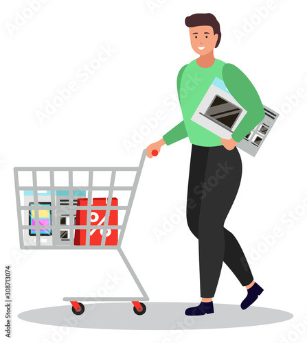 Shopping character with trolley loaded with products bought at store on sale. Isolated personage carrying microwave oven. Cart with bags purchased with discounts. Electronic appliance vector