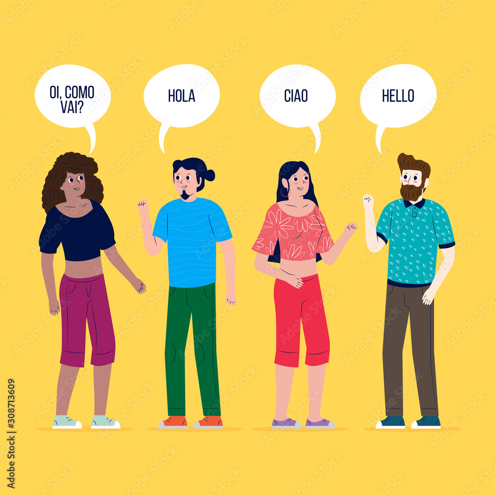 Young people talking in different languages pack.Vector