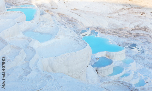 Blue water in the Pamukkale travertine pools