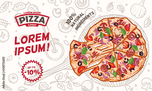 Pizza card/menu/flyer/banner template. Vector. Text outlined and only for preview