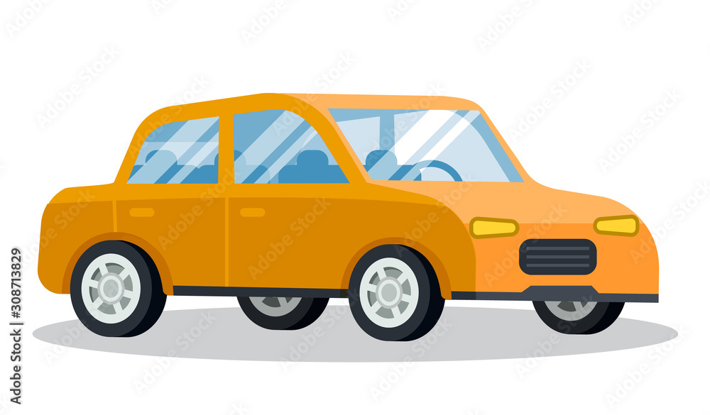 Yellow car closeup. Isolated transport of yellow color with noone inside. Traveling and transportation. Taxi cab for commuting. Retro fashioned vehicle front view. Vector in flat style illustration