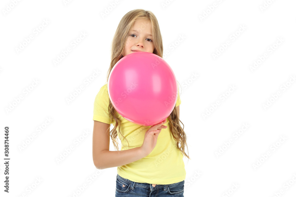 Pretty little girl with pink balloon on white background Pretty little girl with pink balloon on white background