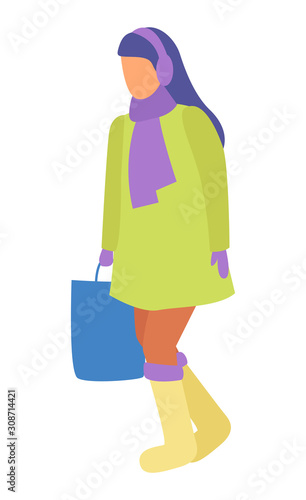 Woman with handbag walking on pathway alone. Brunette strolling in winter or autumn, cold weather. Isolated person in warm clothes like scarfs and overcoat, muffler and boots. Vector illustration