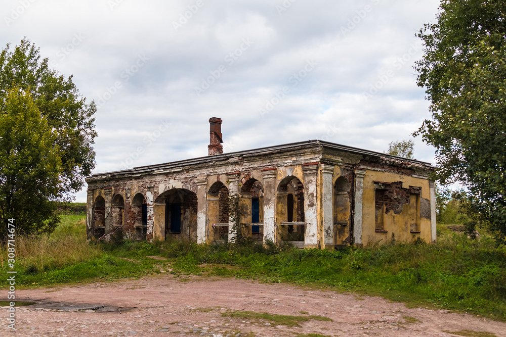 The abandoned dilapidated guardhouse in Annenkrone in overcast day, Vyborg, Leningrad Oblast, Russia