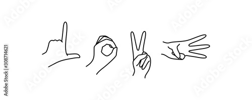 Female hands gestures fingers make the word love. Vector outline Illustration of a linear trend In a minimalist style.