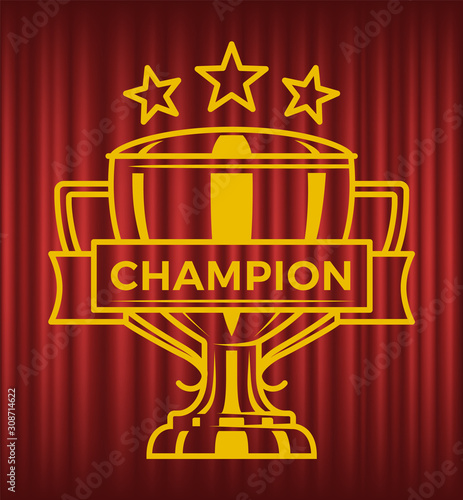 Prize for winner vector, cup with handles and stars, ribbon with starry shapes isolated on red curtain background. Inspiration and championship success