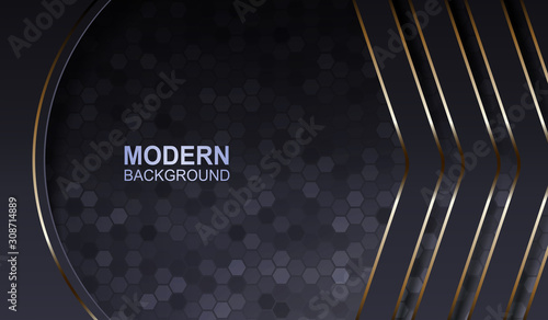 Gray background with a mosaic of polygons, arrows with a thin edging of a gold hue