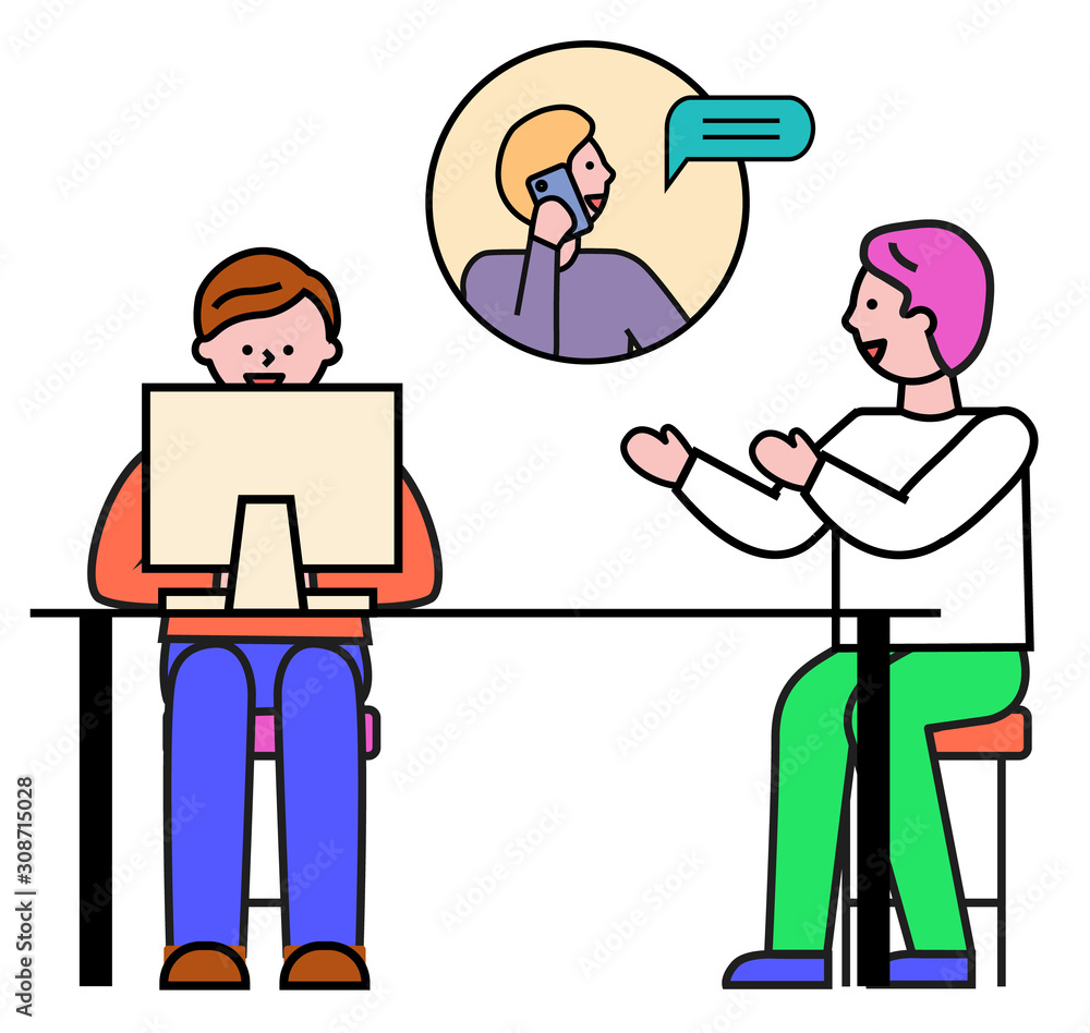 People working on project together. Team consulting with partner on phone, character talking on cell interacting with colleagues. Male analyzing info on laptop, vector in flat style illustration