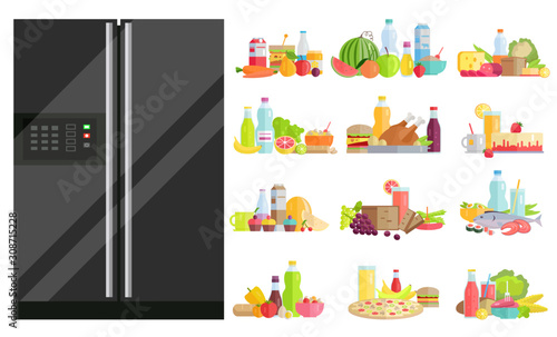 Refrigerator with food set. Isolated fridge with dietary dishes. Vegetables and fruits with water bottle. Meat and diary products. Bread and juices for healthy lifestyle and diet nutrition vector